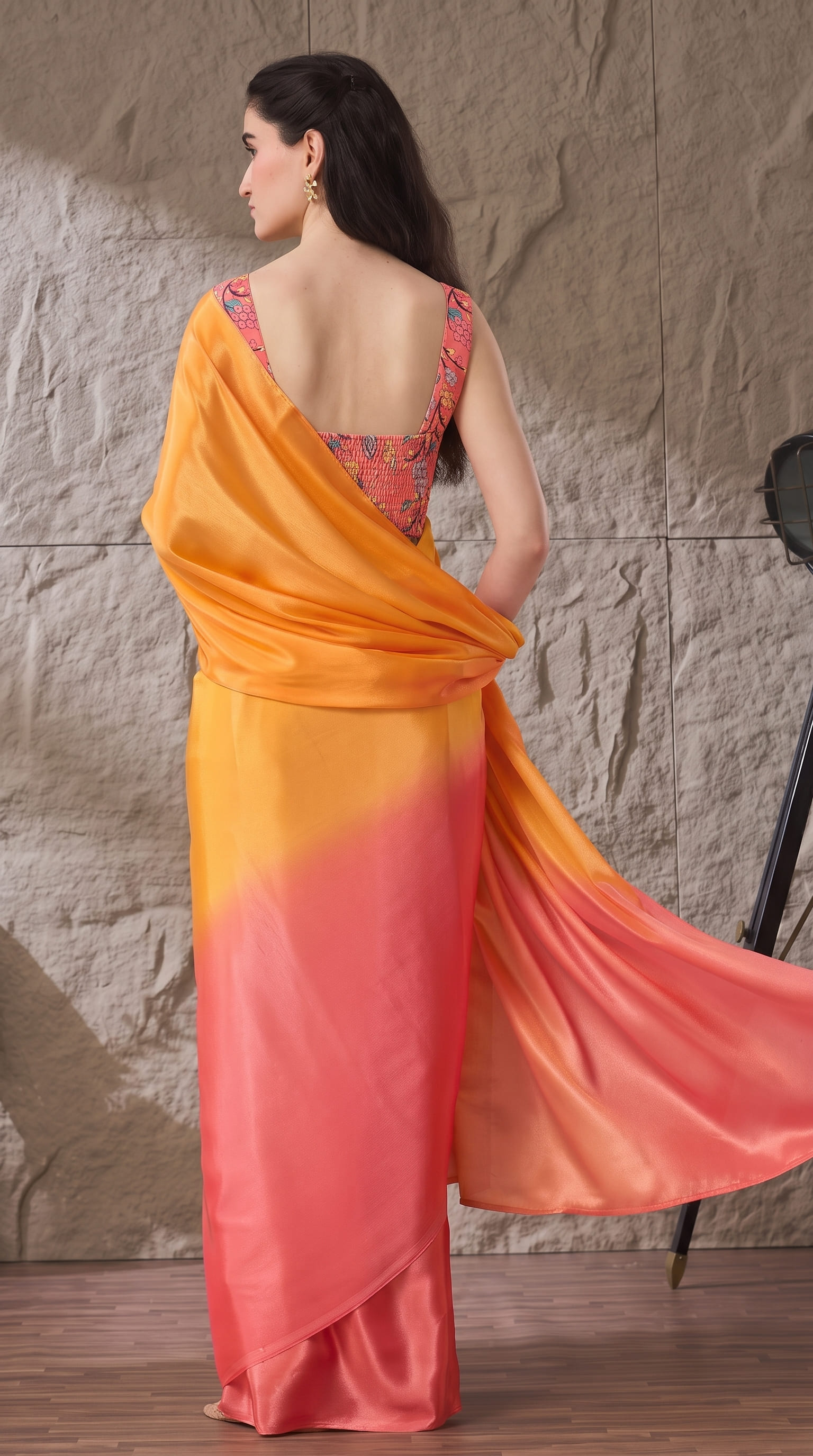 Orange Floral Satin Ready To Wear Saree — alternate view