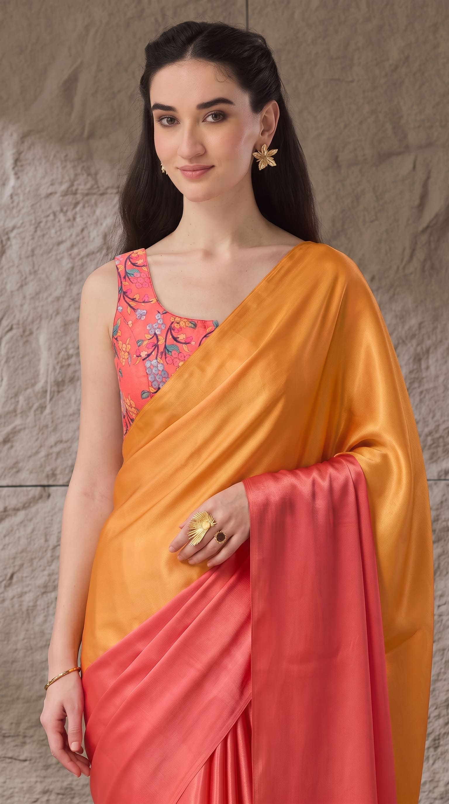 Orange Floral Satin Ready To Wear Saree
