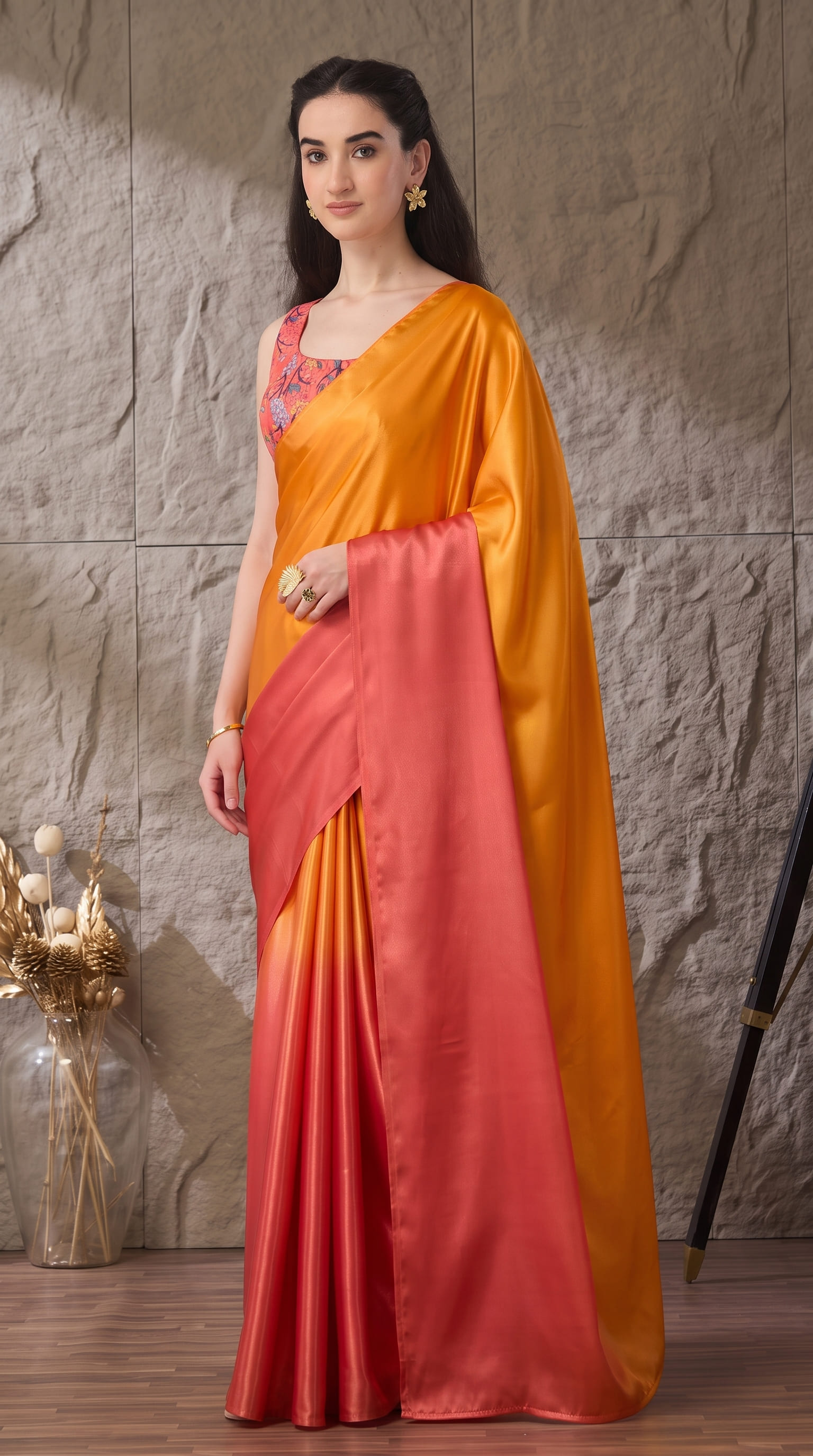 Orange Floral Satin Ready To Wear Saree