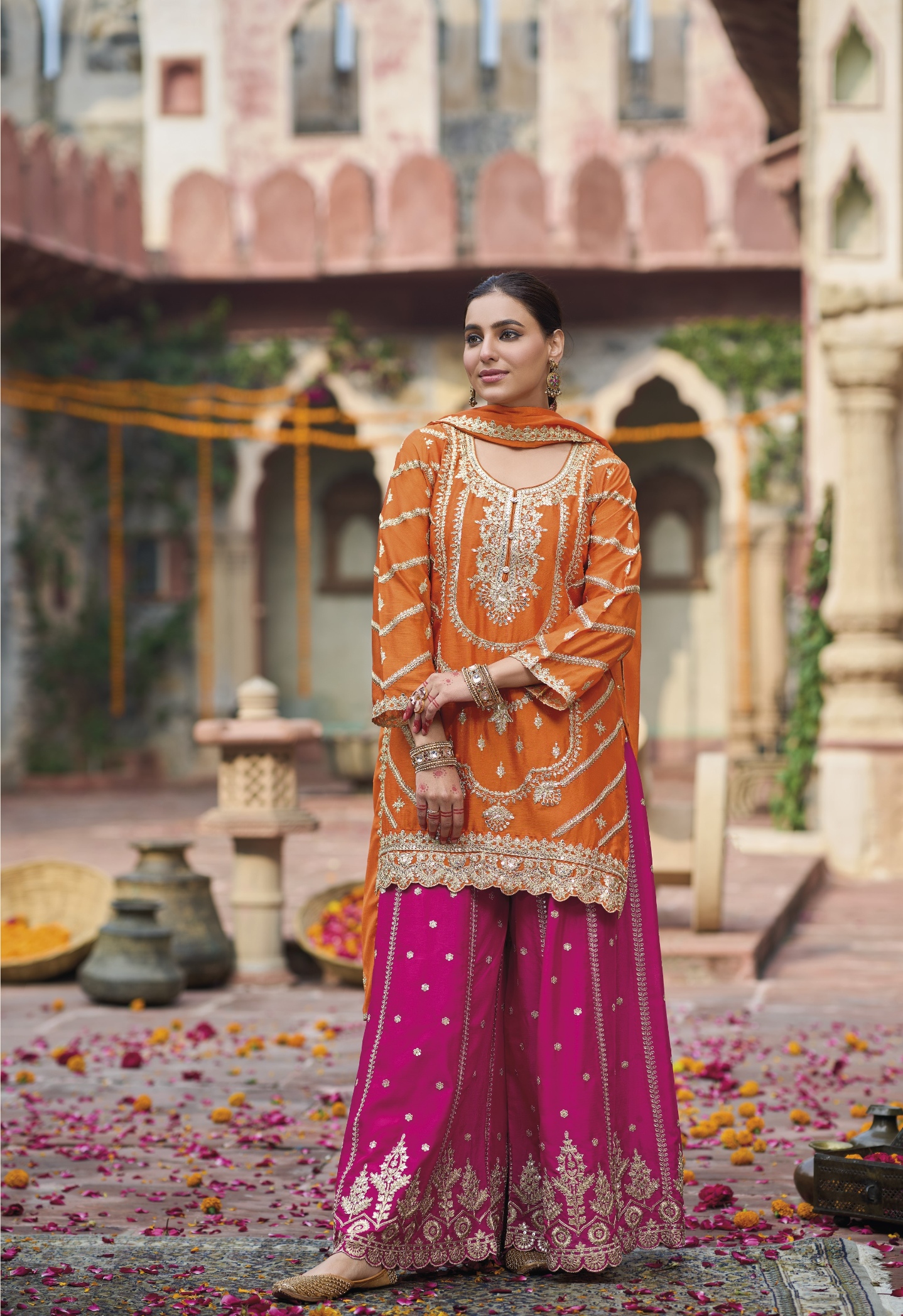 Orange Floral Sequins Embroidery Chinon Straight Palazzo Suit