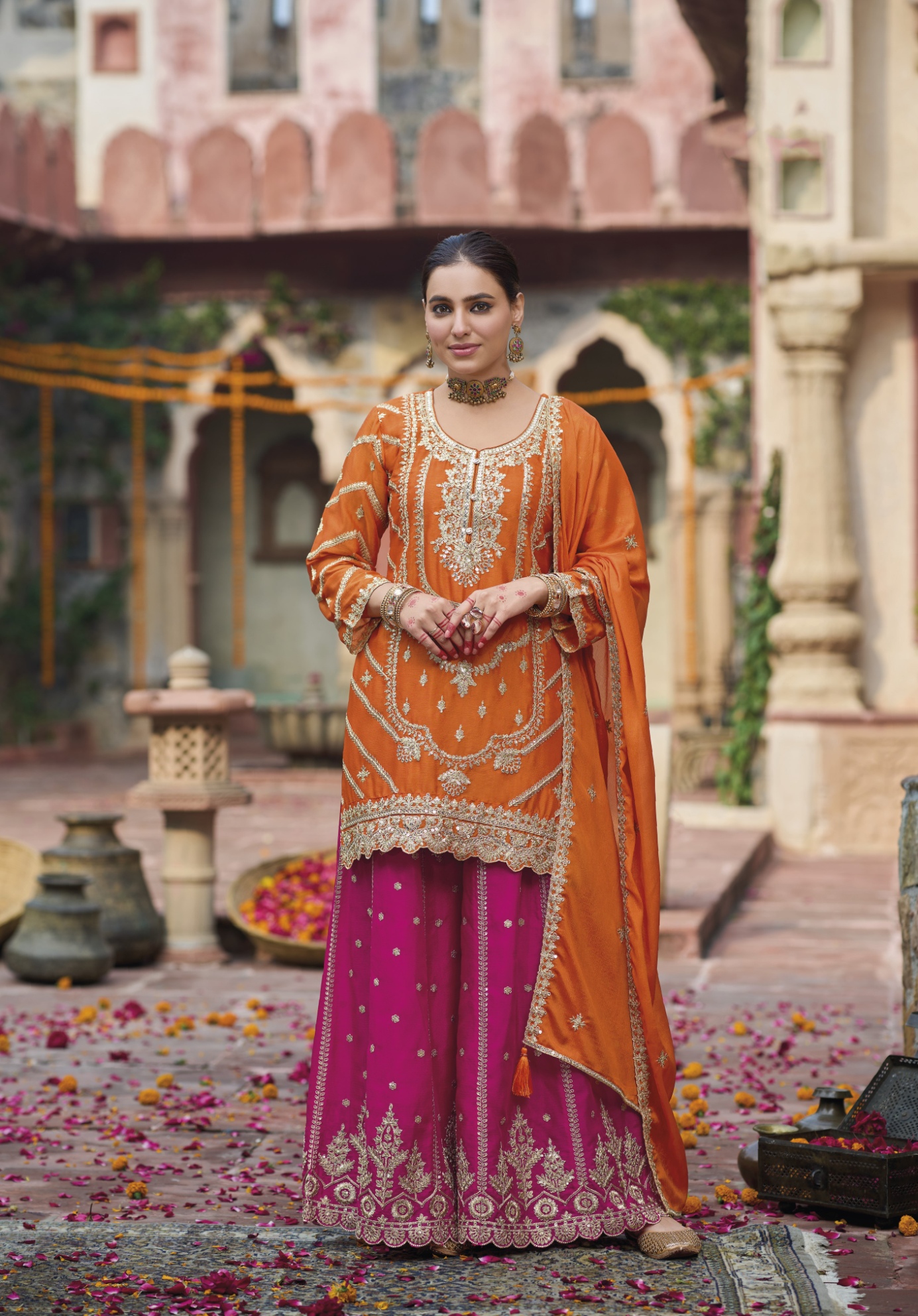 Orange Floral Sequins Embroidery Chinon Straight Palazzo Suit