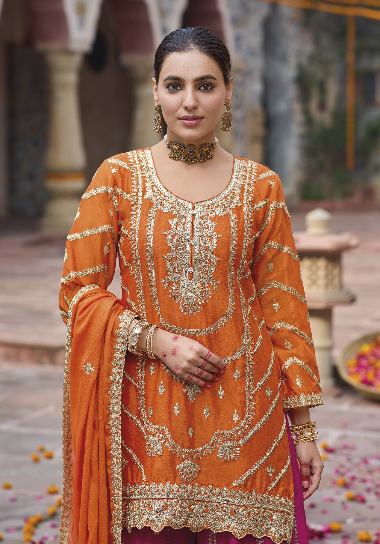 Orange Floral Sequins Embroidery Chinon Straight Palazzo Suit