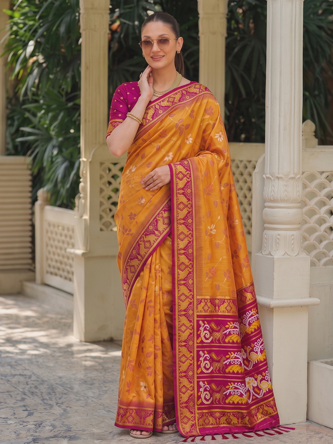 Orange Floral Woven Silk Saree