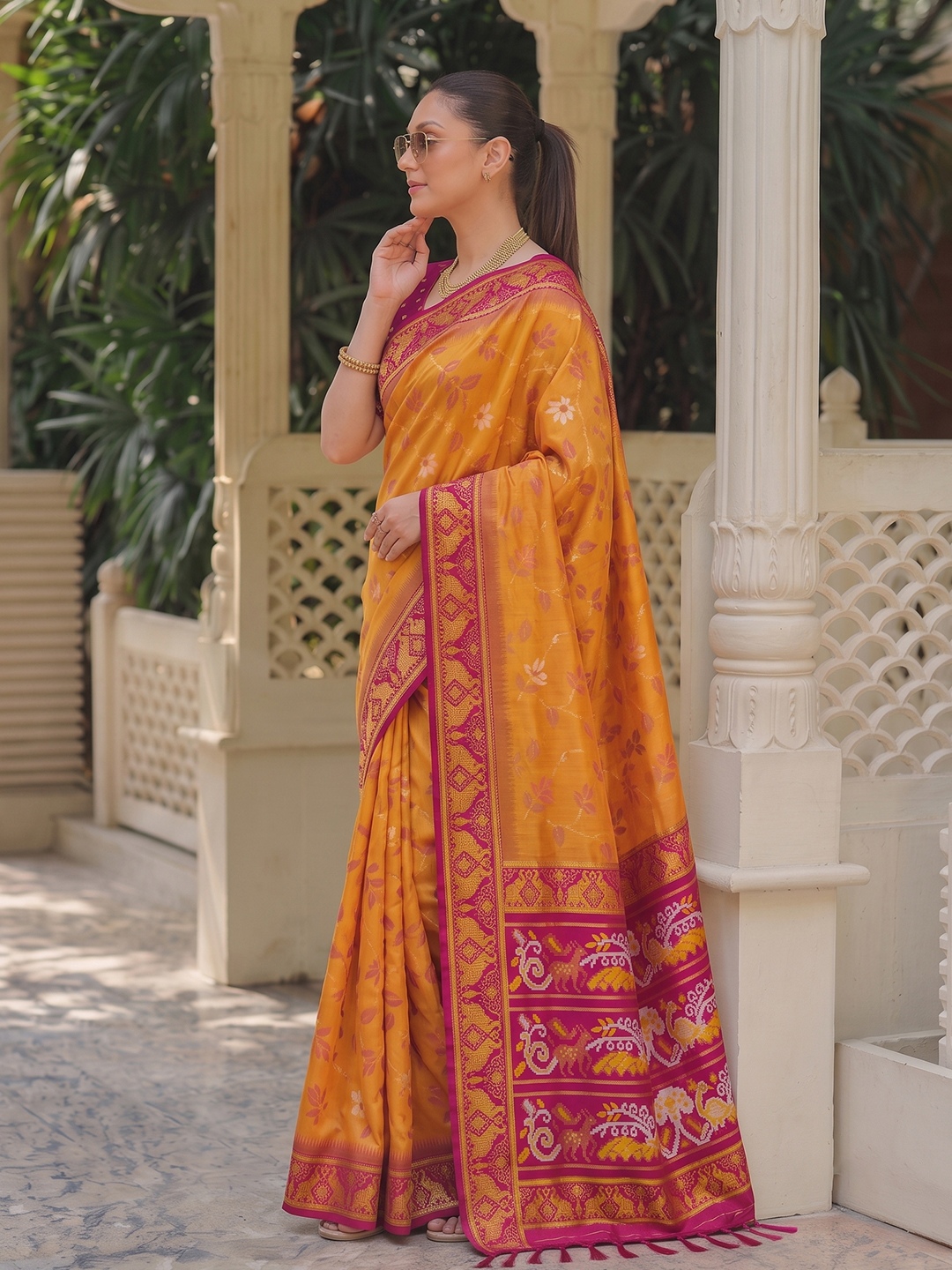 Orange Floral Woven Silk Saree