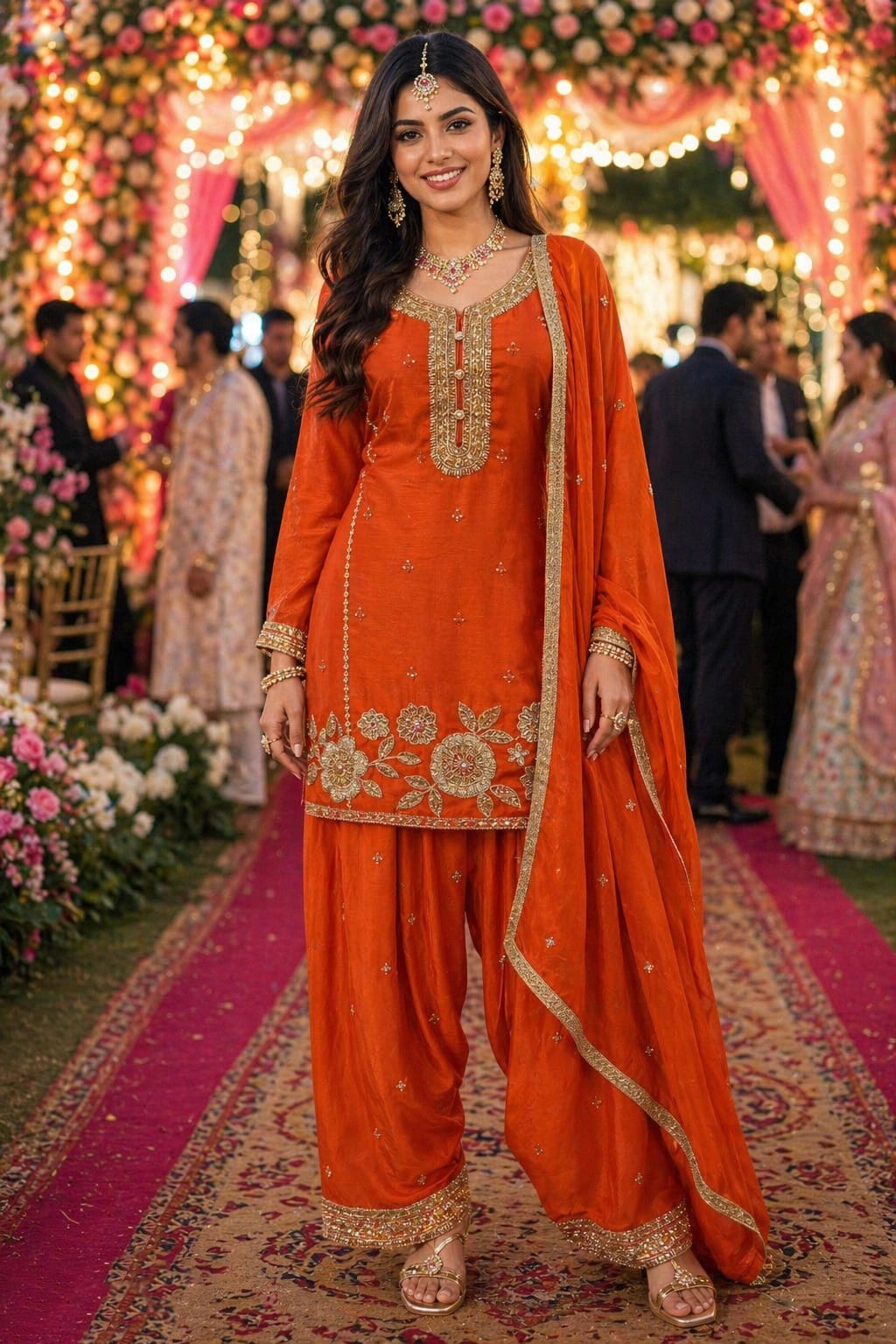 Orange Floral Zari Embroidery Chinon Sharara Suit