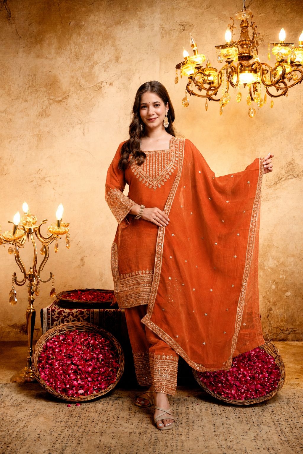 Orange Geometric Designer Embroidery Crunchy Straight Suit