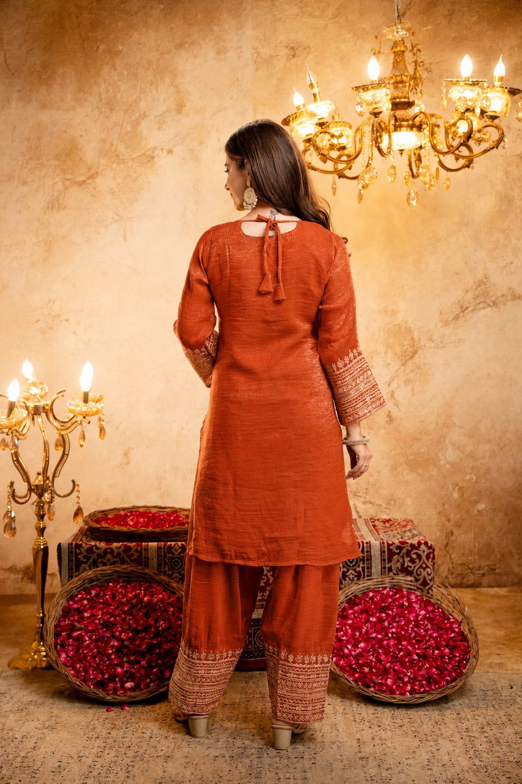 Orange Geometric Designer Embroidery Crunchy Straight Suit — alternate view