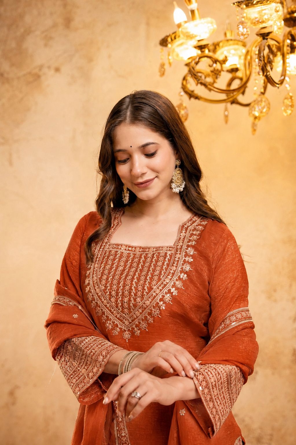 Orange Geometric Designer Embroidery Crunchy Straight Suit