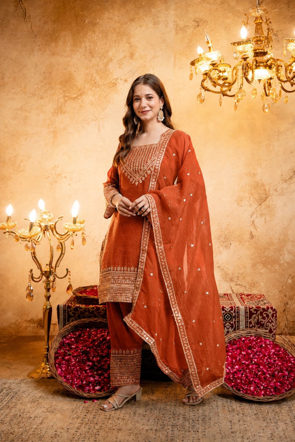 Orange Geometric Designer Embroidery Crunchy Straight Suit