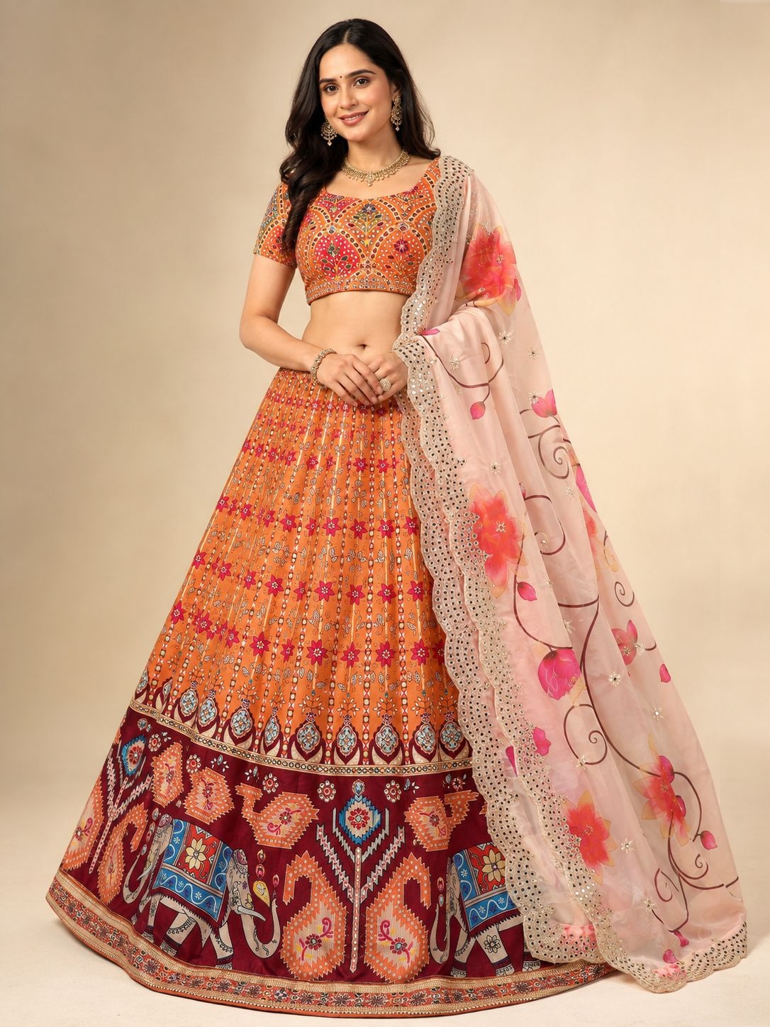 Orange Geometric Designer Printed Satin Silk Lehenga Choli