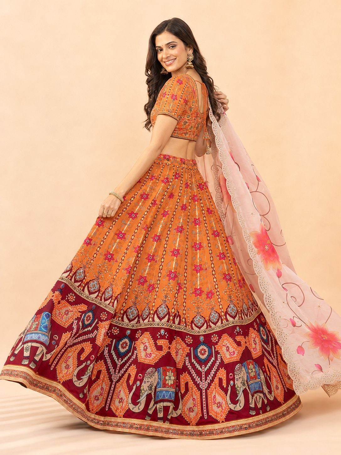 Orange Geometric Designer Printed Satin Silk Lehenga Choli — alternate view