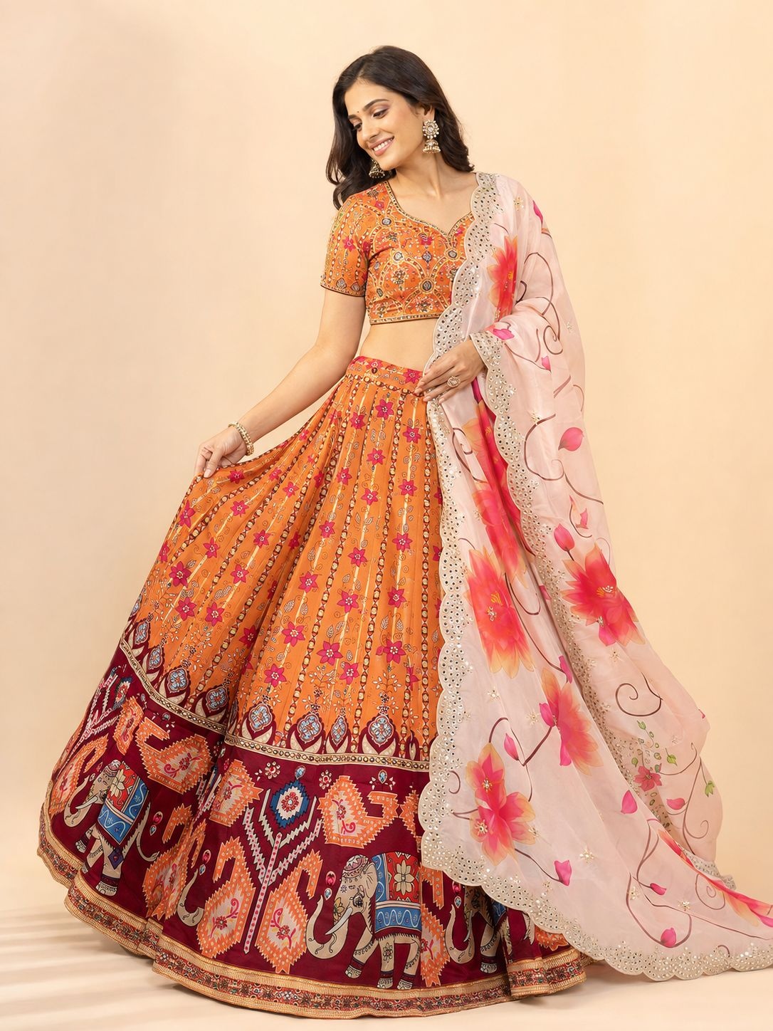Orange Geometric Designer Printed Satin Silk Lehenga Choli