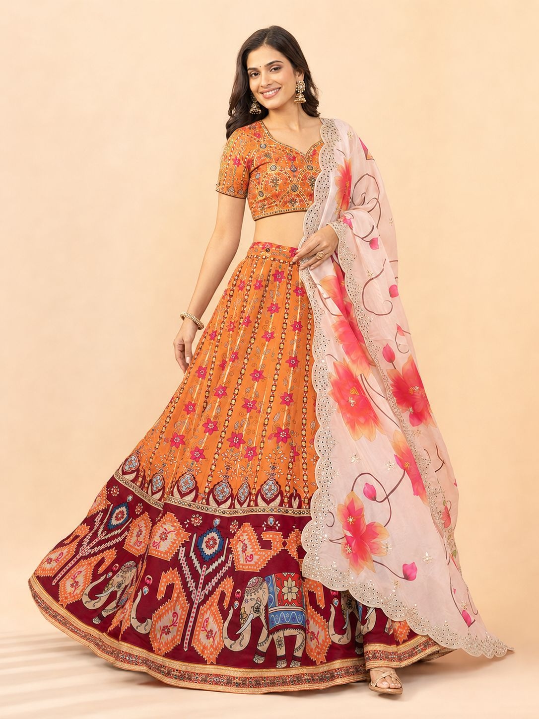 Orange Geometric Designer Printed Satin Silk Lehenga Choli