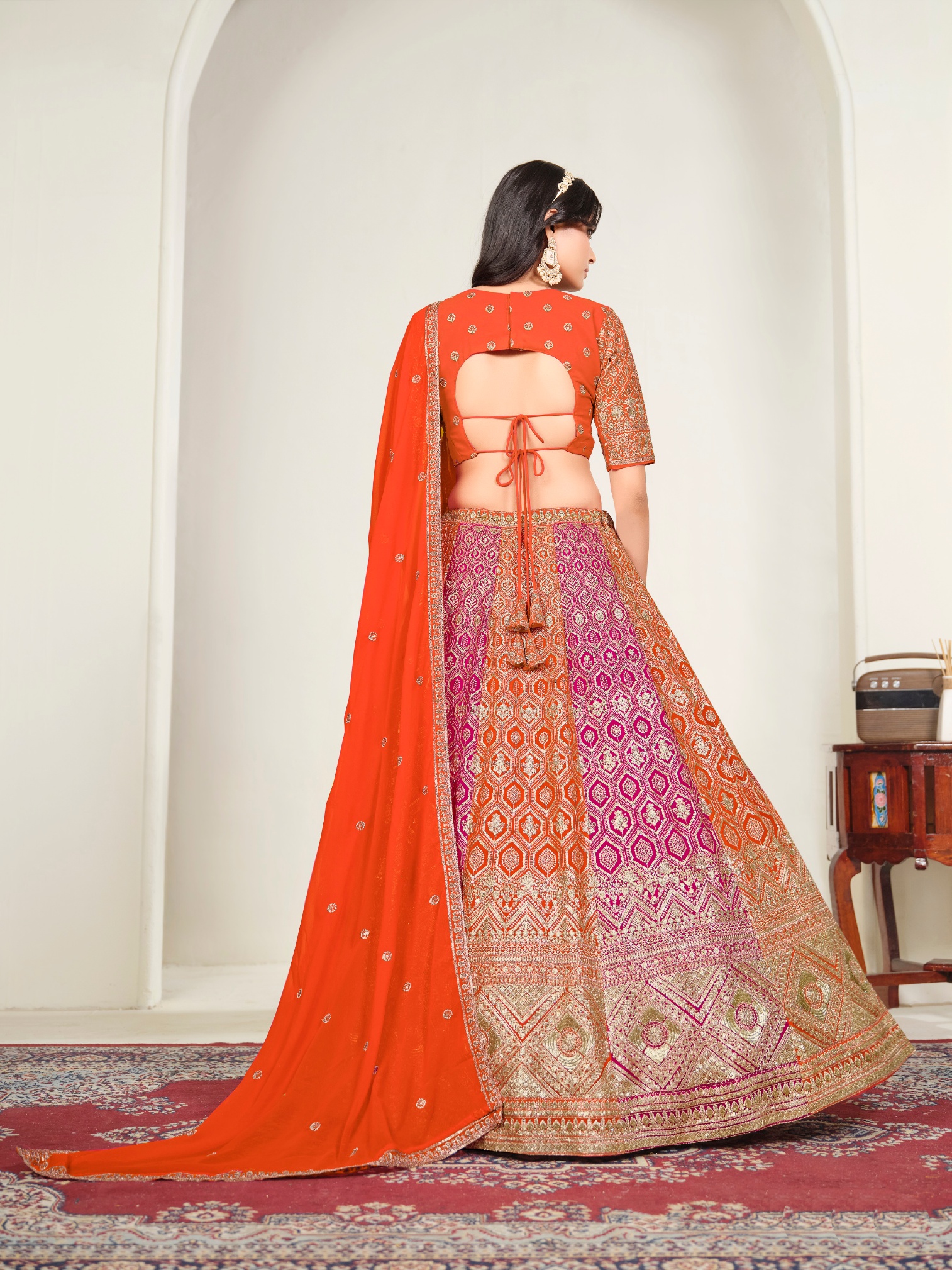 Orange Geometric Embroidered Faux Georgette Lehenga Choli — alternate view