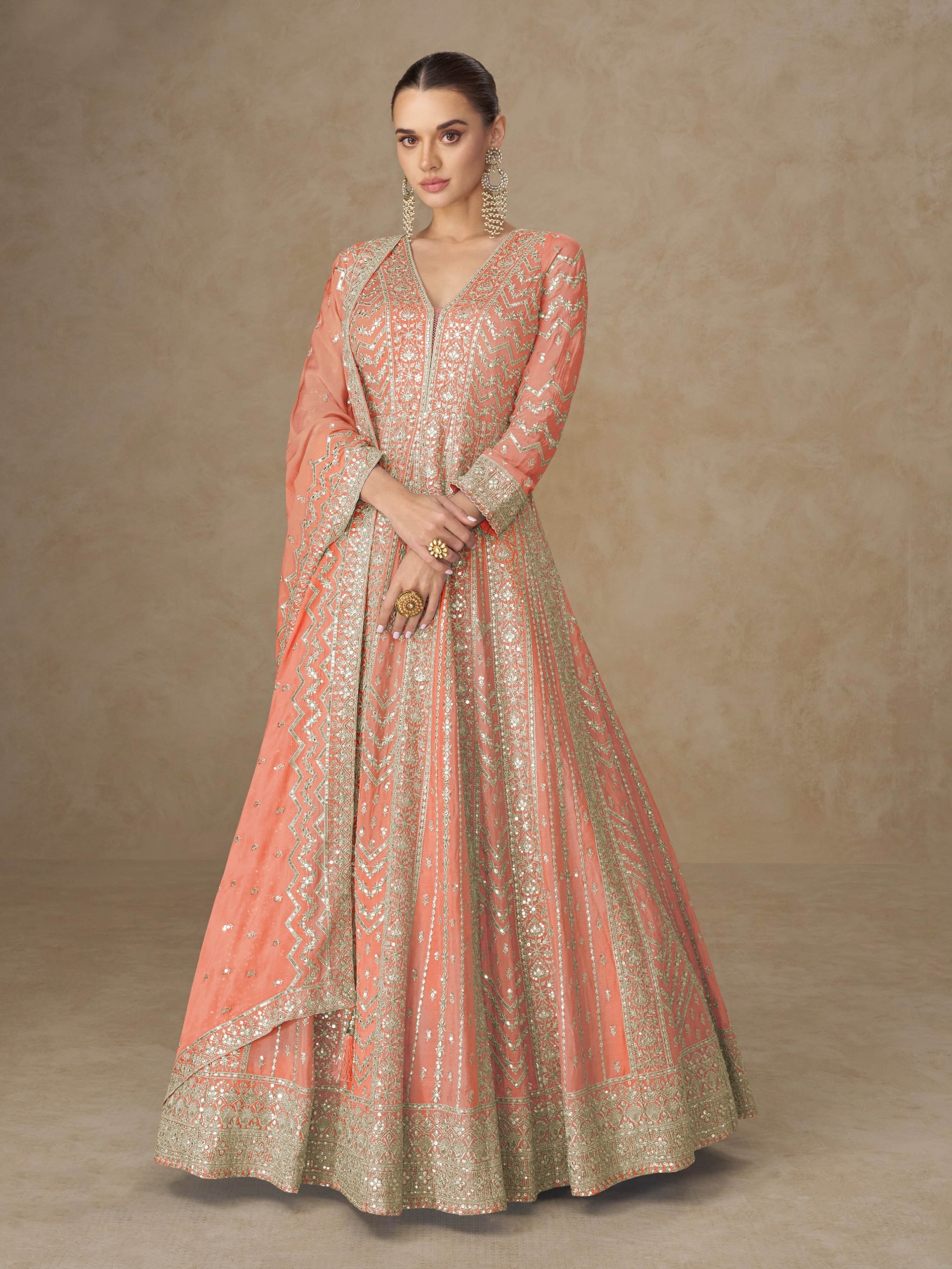 Orange Geometric Embroidery Chinon Gown