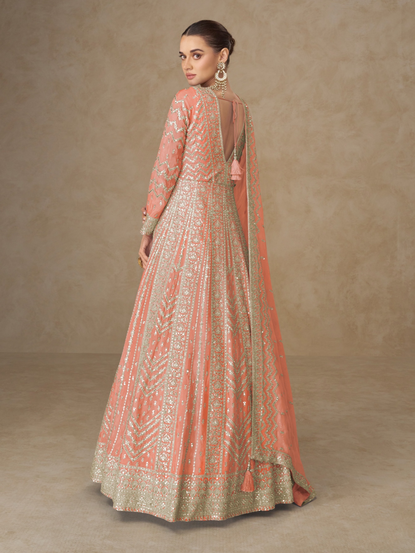 Orange Geometric Embroidery Chinon Gown — alternate view