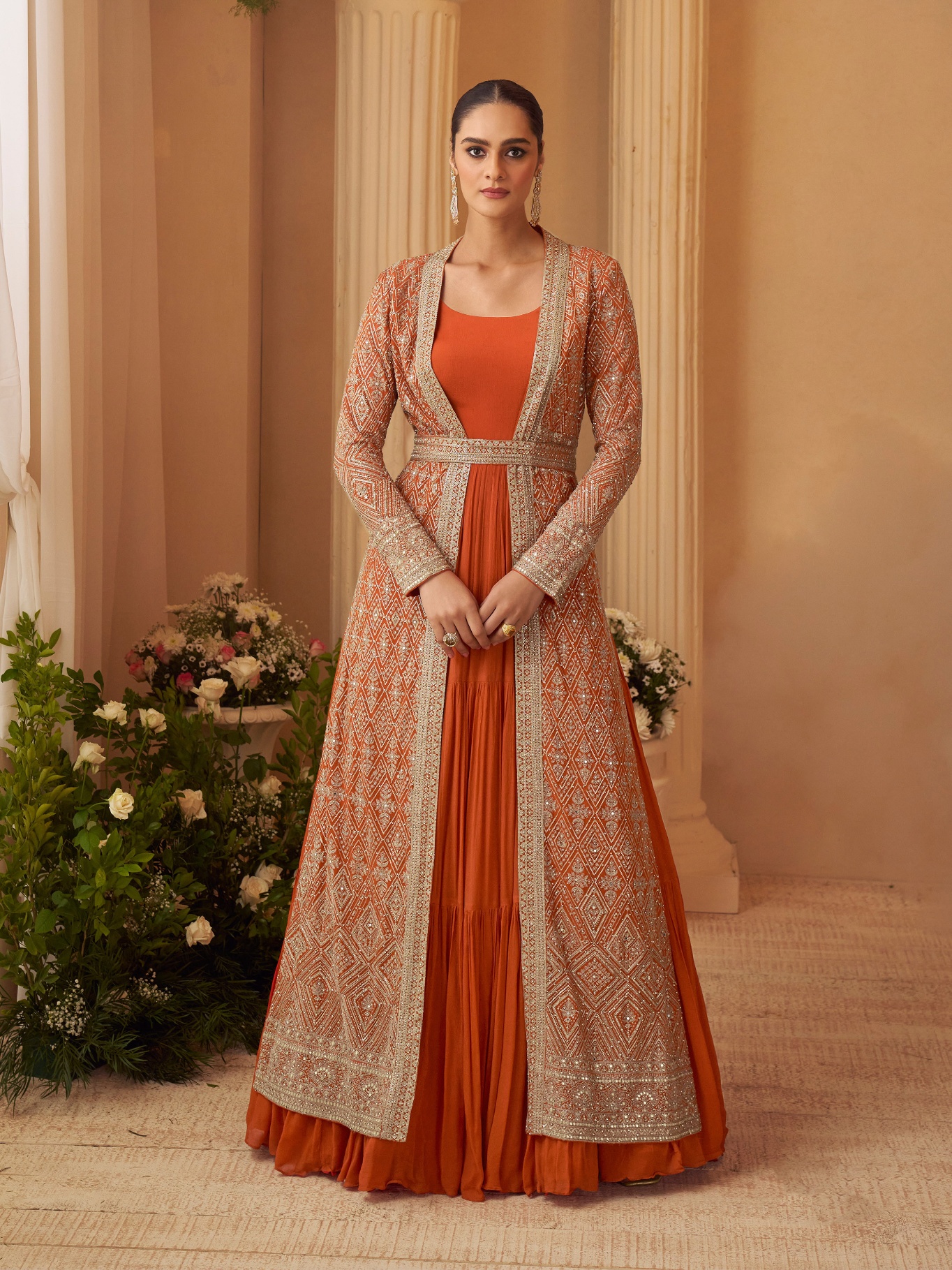 Orange Geometric Heavy Designer Embroidery Chinon Jacket Gown