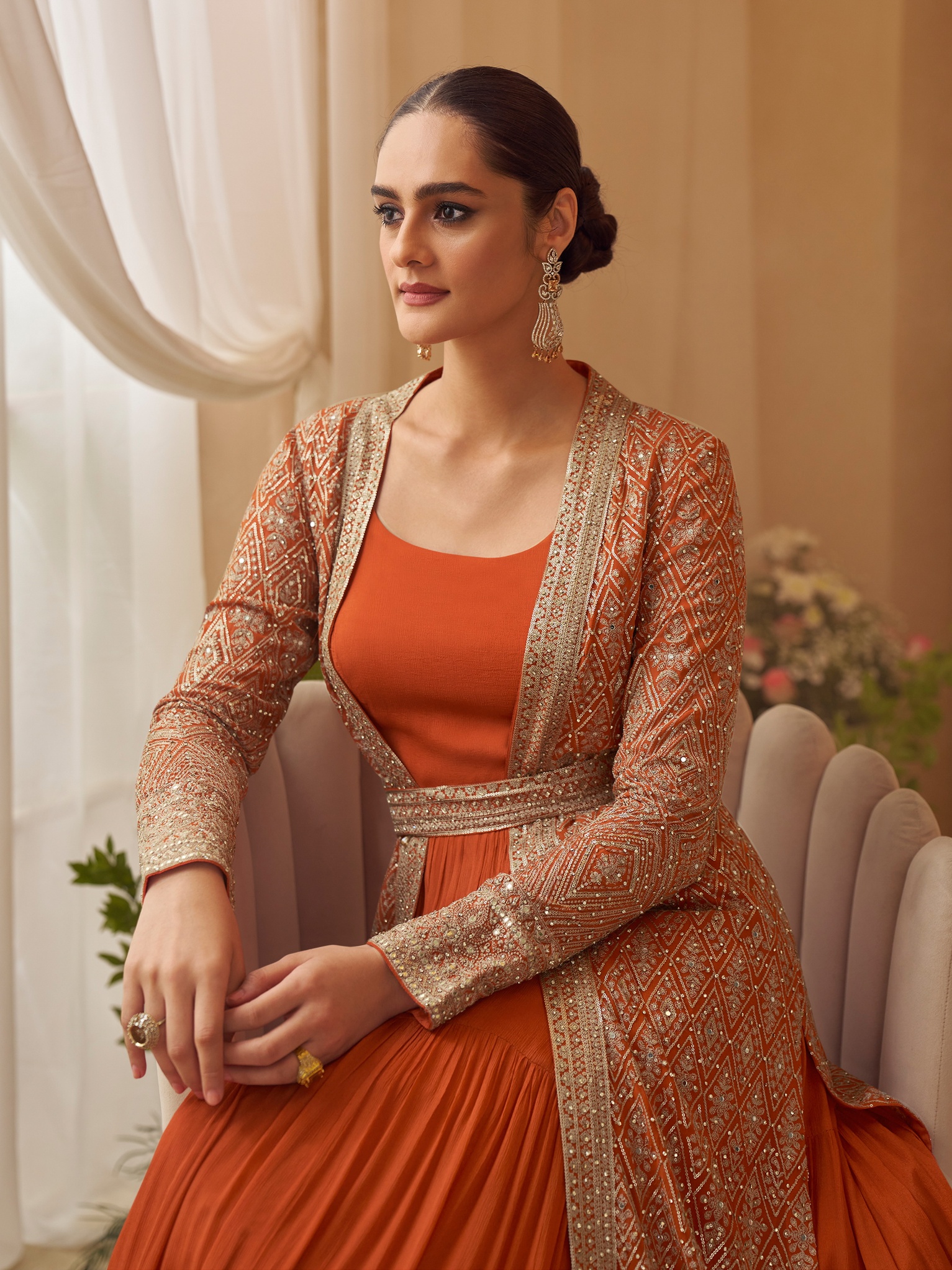 Orange Geometric Heavy Designer Embroidery Chinon Jacket Gown — alternate view