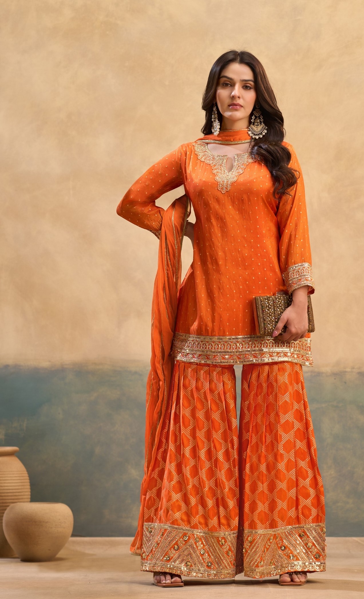 Orange Geometric Heavy Designer Embroidery Viscose Palazzo Suit