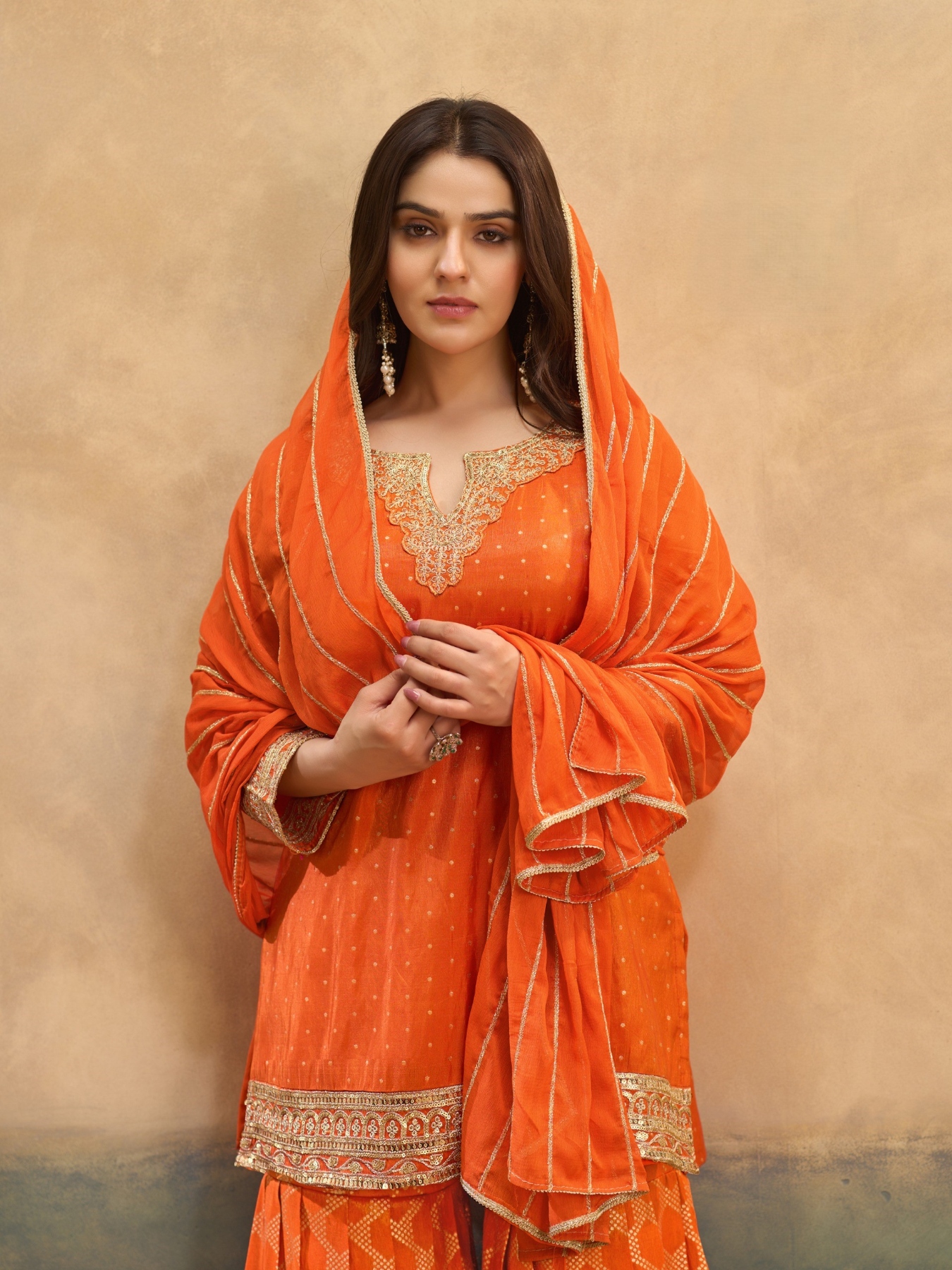 Orange Geometric Heavy Designer Embroidery Viscose Palazzo Suit — alternate view