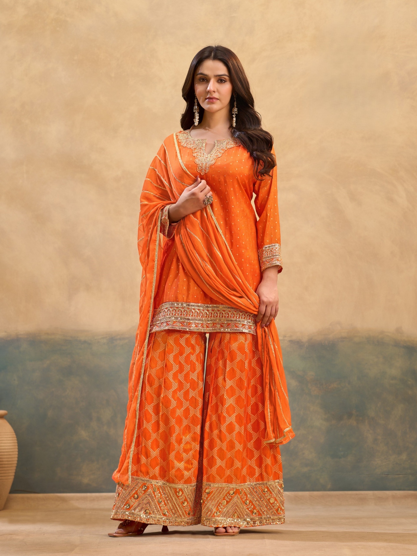 Orange Geometric Heavy Designer Embroidery Viscose Palazzo Suit