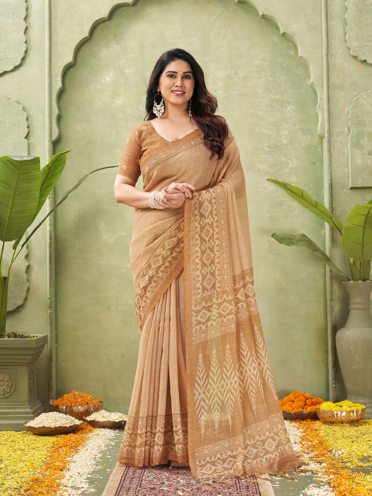 Orange Geometric Print Jute Linen Saree