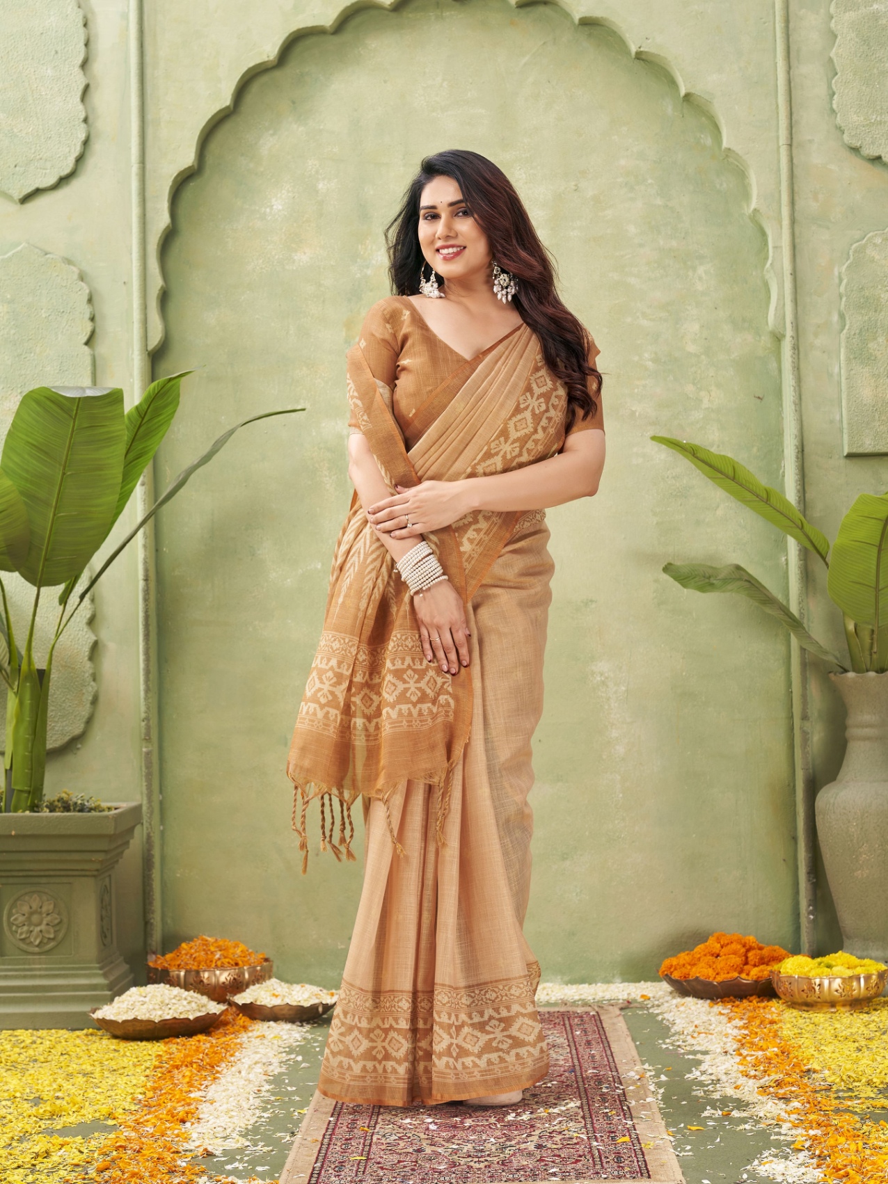 Orange Geometric Print Jute Linen Saree