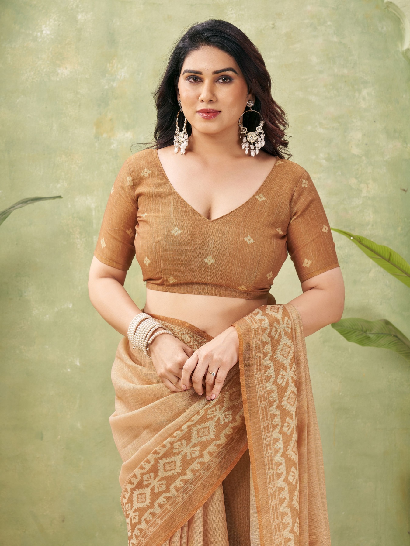 Orange Geometric Print Jute Linen Saree