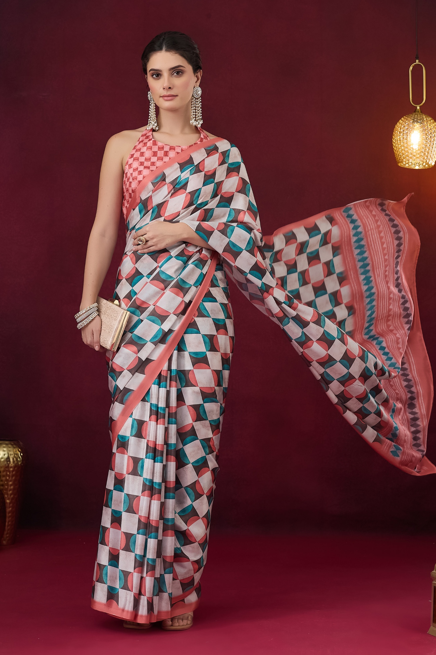 Orange Geometric Ready To Wear Saree