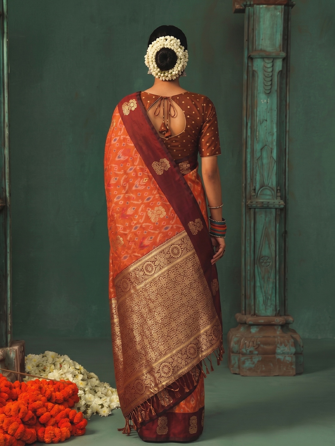 Orange Geometric Woven Designer Silk Saree — alternate view