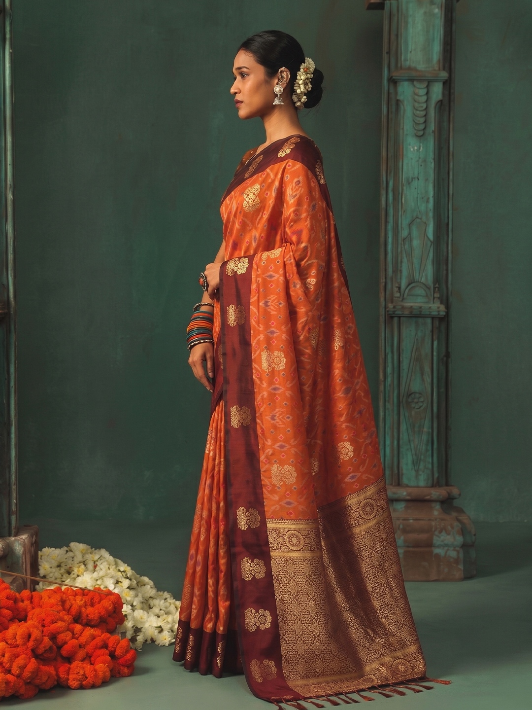 Orange Geometric Woven Designer Silk Saree