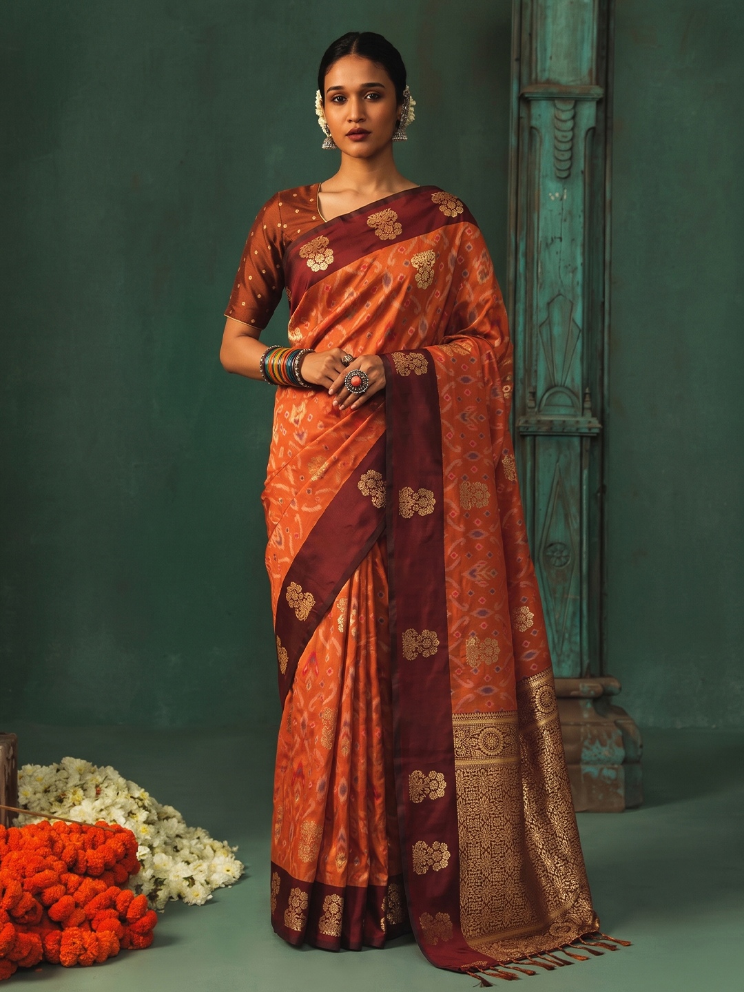Orange Geometric Woven Designer Silk Saree