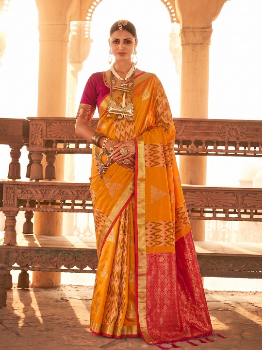 Orange Geometric Woven Designer Soft Silk Saree