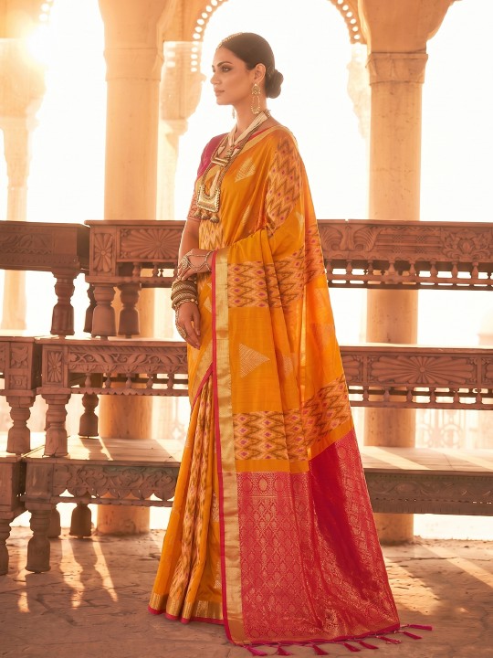 Orange Geometric Woven Designer Soft Silk Saree