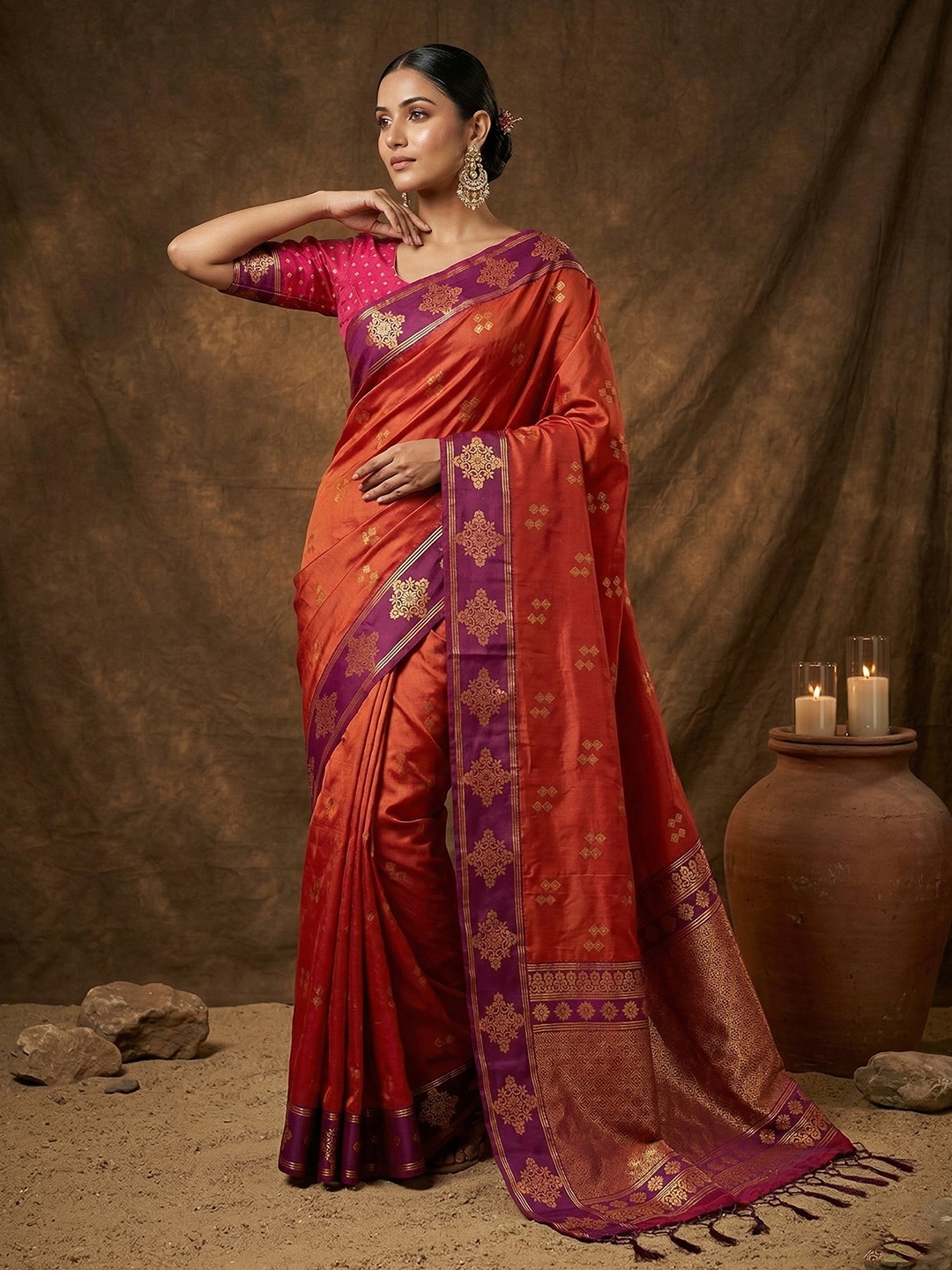 Orange Geometric Woven Soft Silk Saree