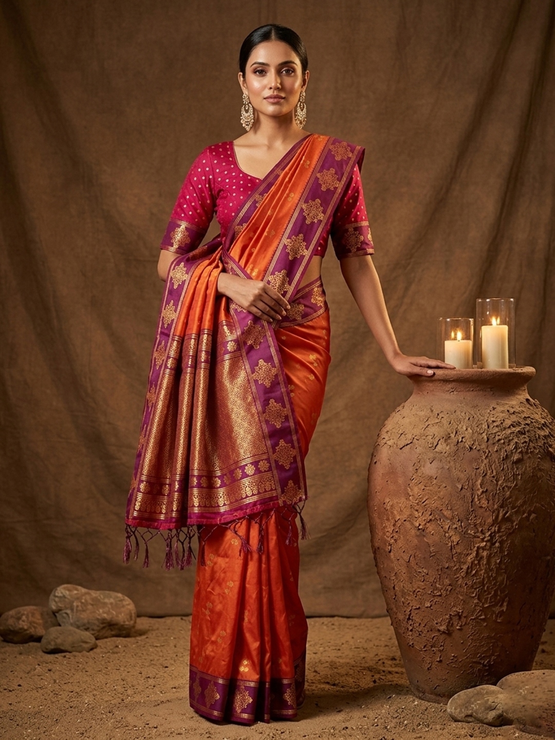 Orange Geometric Woven Soft Silk Saree