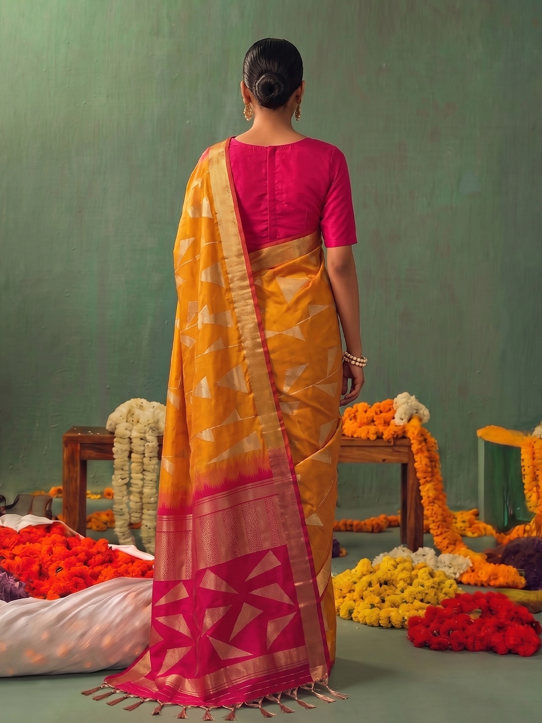 Orange Geometric Woven Zari Soft Silk Saree — alternate view