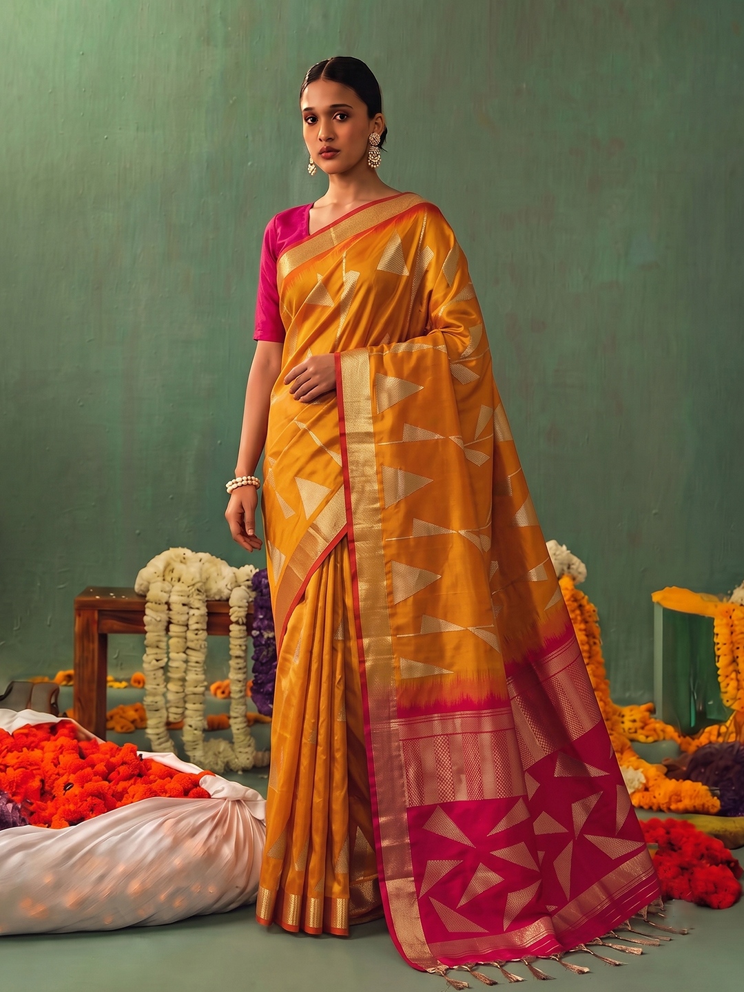 Orange Geometric Woven Zari Soft Silk Saree