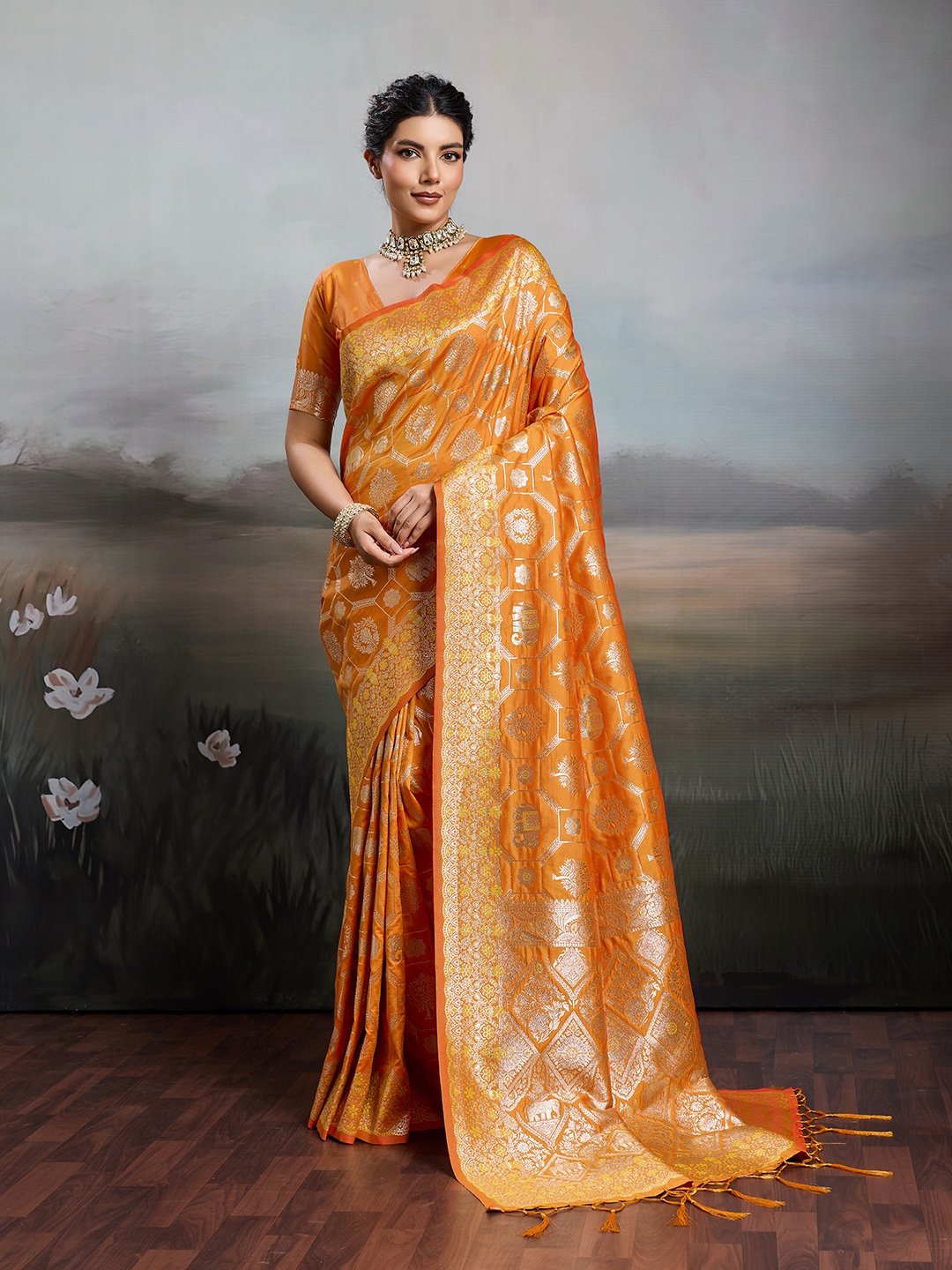Orange Geometric Zari Silk Blend Saree