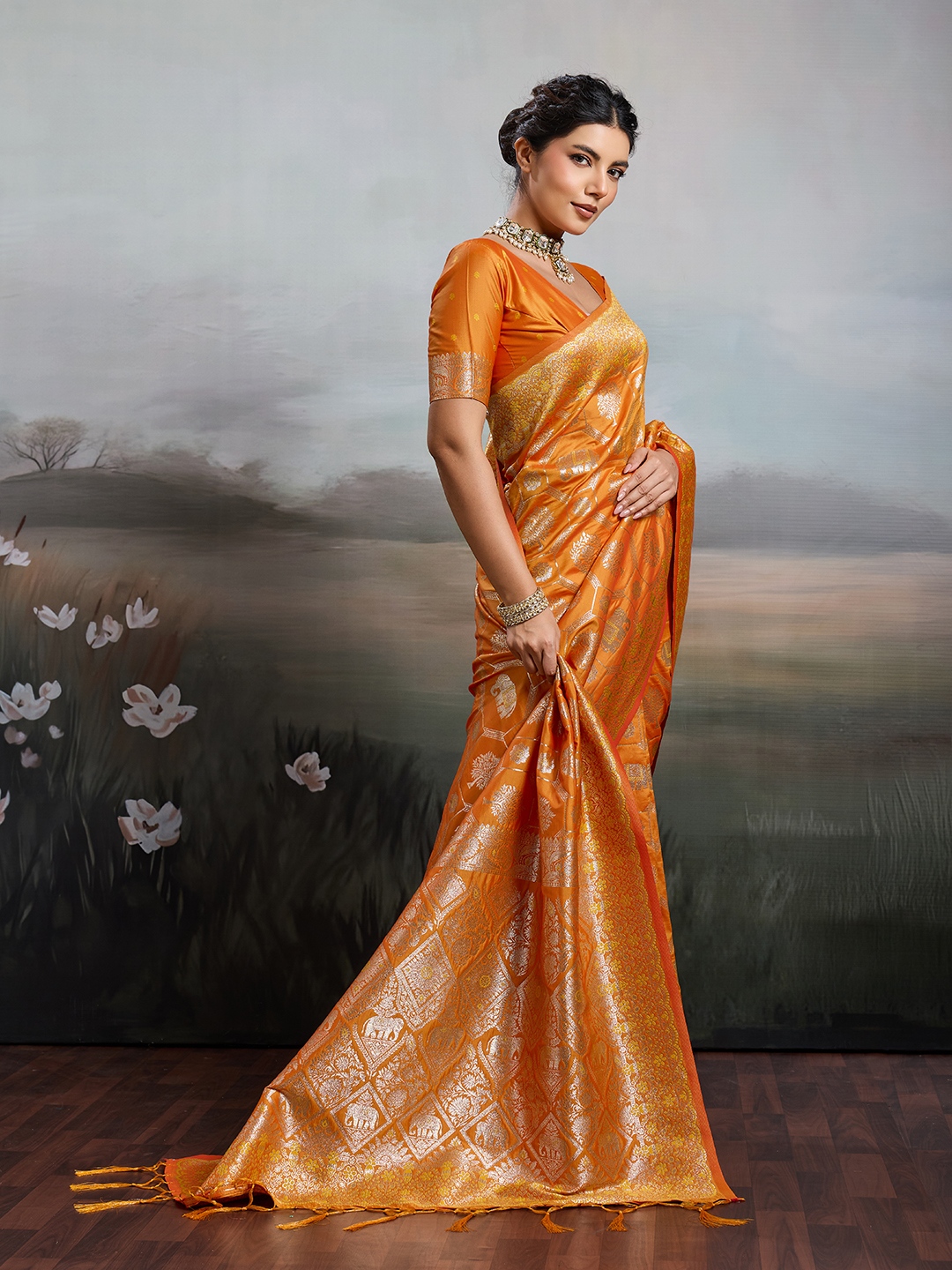 Orange Geometric Zari Silk Blend Saree — alternate view