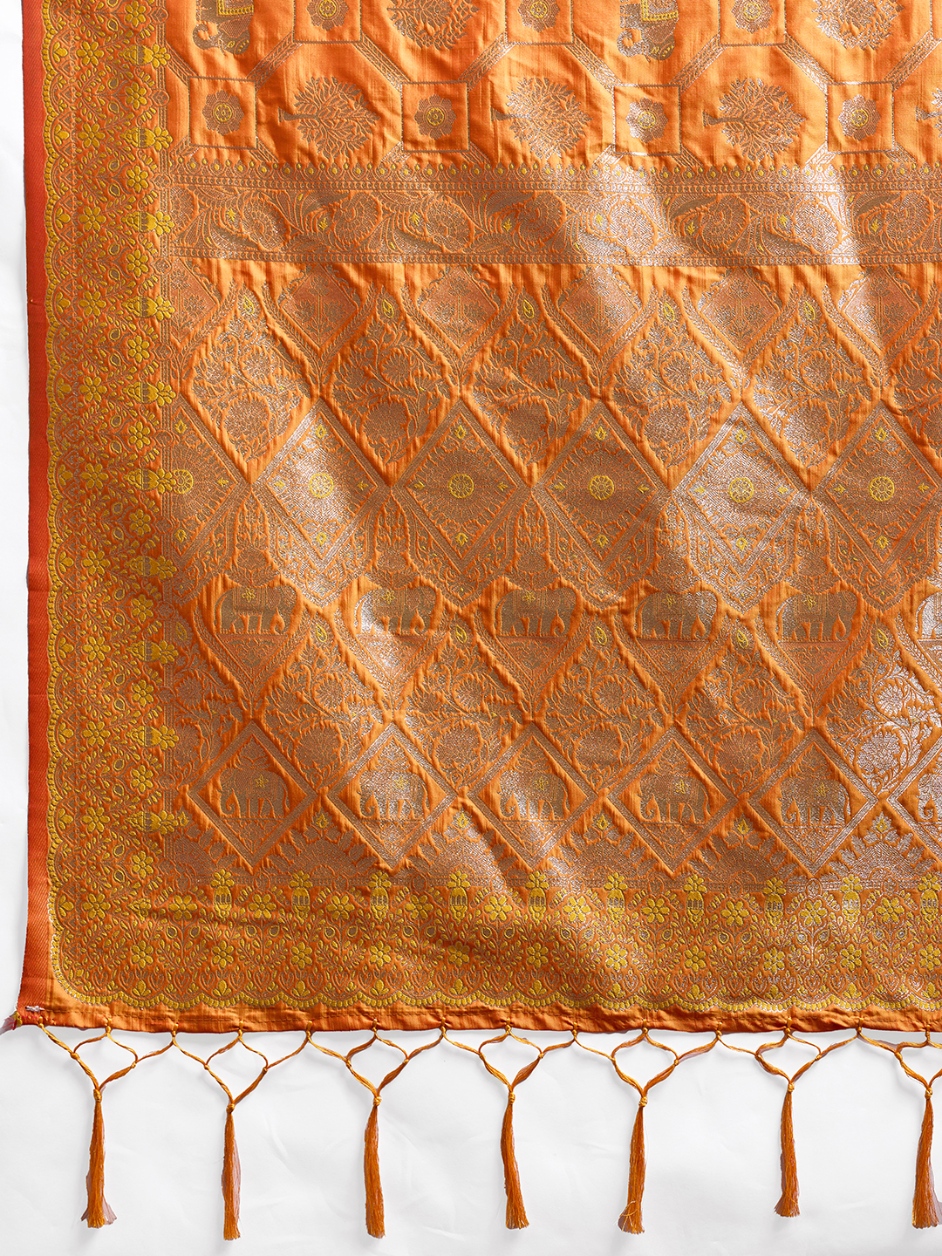 Orange Geometric Zari Silk Blend Saree