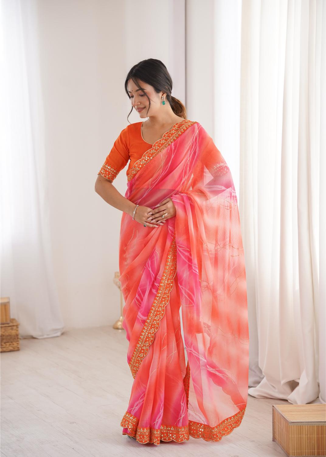 Orange Georgette Chiffon Gold Foil Saree