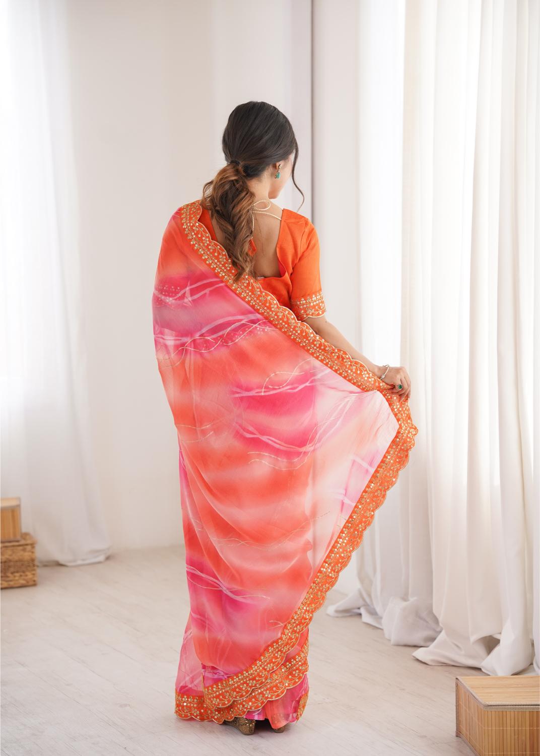 Orange Georgette Chiffon Gold Foil Saree — alternate view