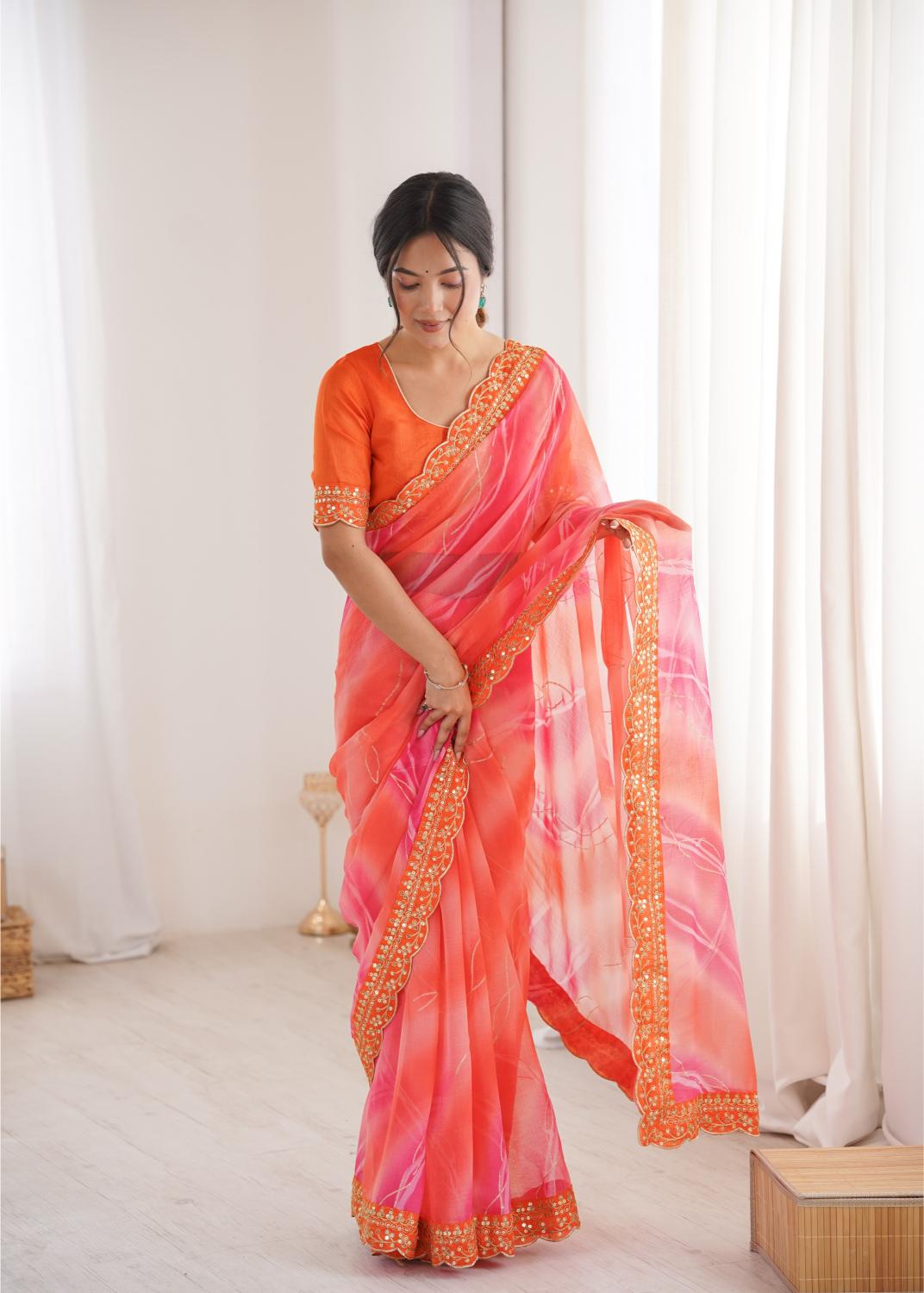 Orange Georgette Chiffon Gold Foil Saree