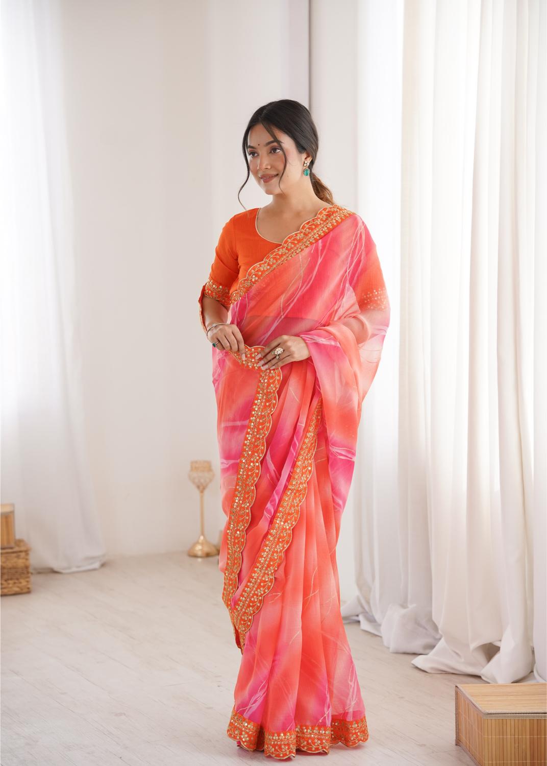 Orange Georgette Chiffon Gold Foil Saree