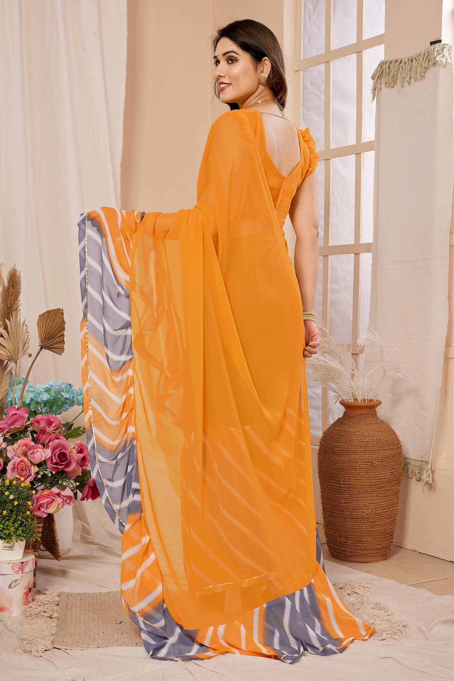 Orange Georgette Designer Ruffle Saree — alternate view