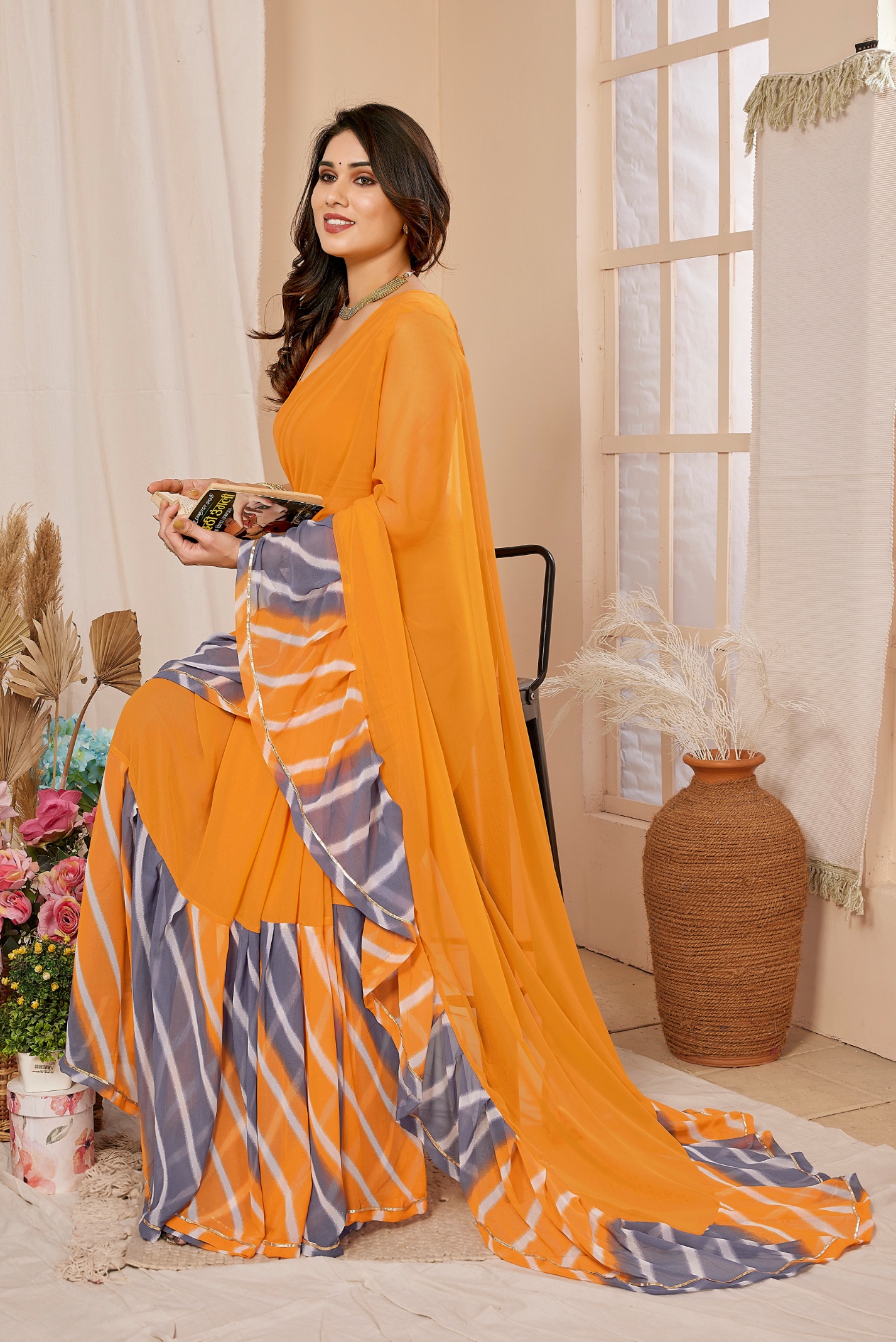 Orange Georgette Designer Ruffle Saree