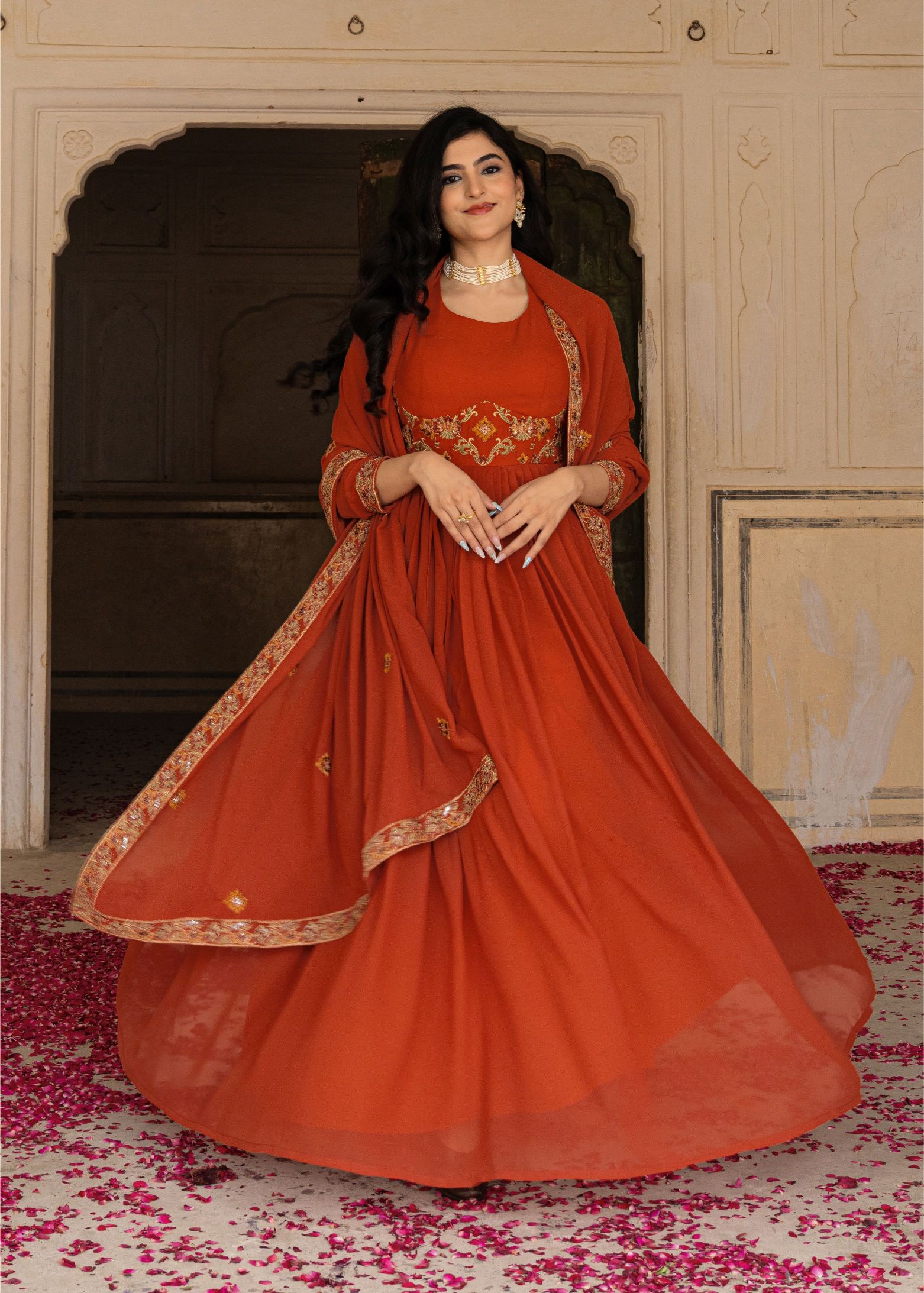 Orange Georgette Embroidered Gown