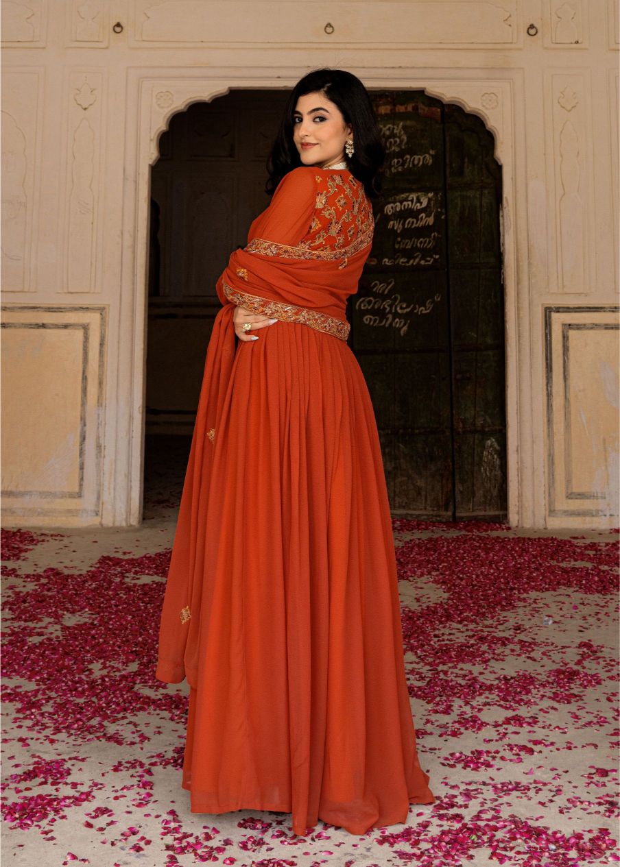 Orange Georgette Embroidered Gown — alternate view