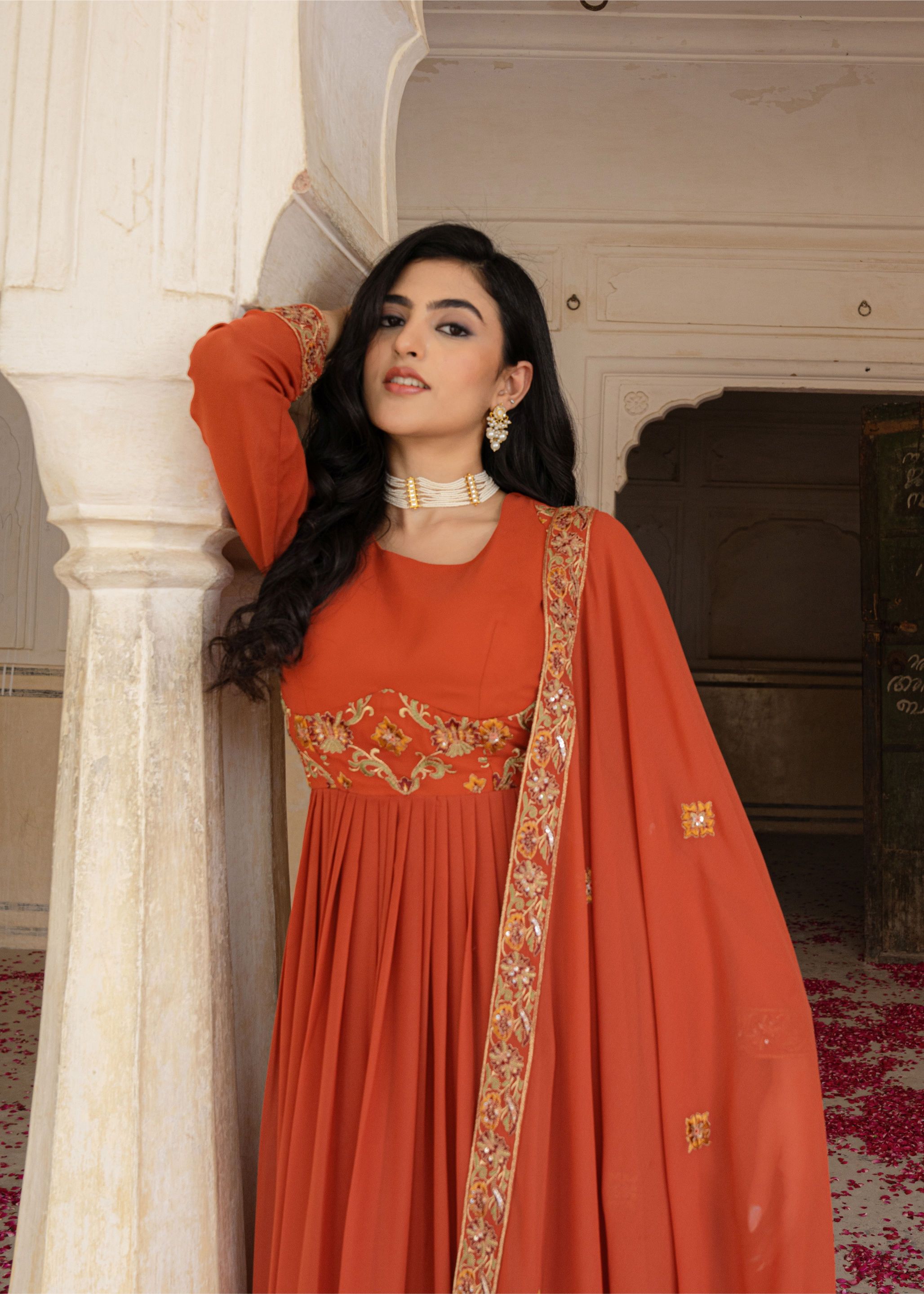 Orange Georgette Embroidered Gown